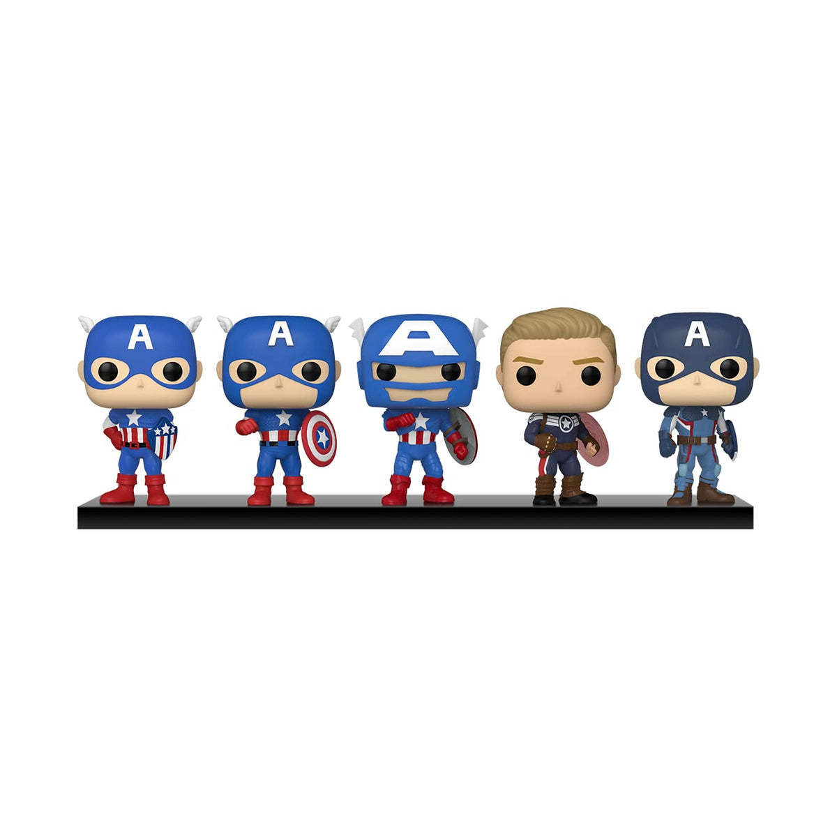 Funko Pop Marvel Year of the Shield Captain America Through the Ages 5-Pack on display; ideal for collectors.