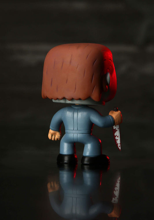 Side view of Funko Michael Myers blue Pop! for shelf styling.
