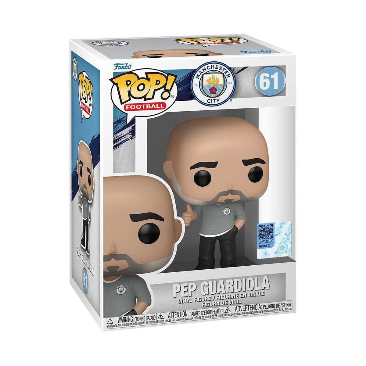 Funko POP! Pep Guardiola figure on display shelf for your Manchester City collection.