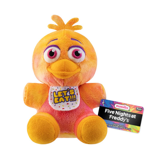 Funko Pop! Plush Tie-Dye Chica front view highlights collectible design and vibrant colors.