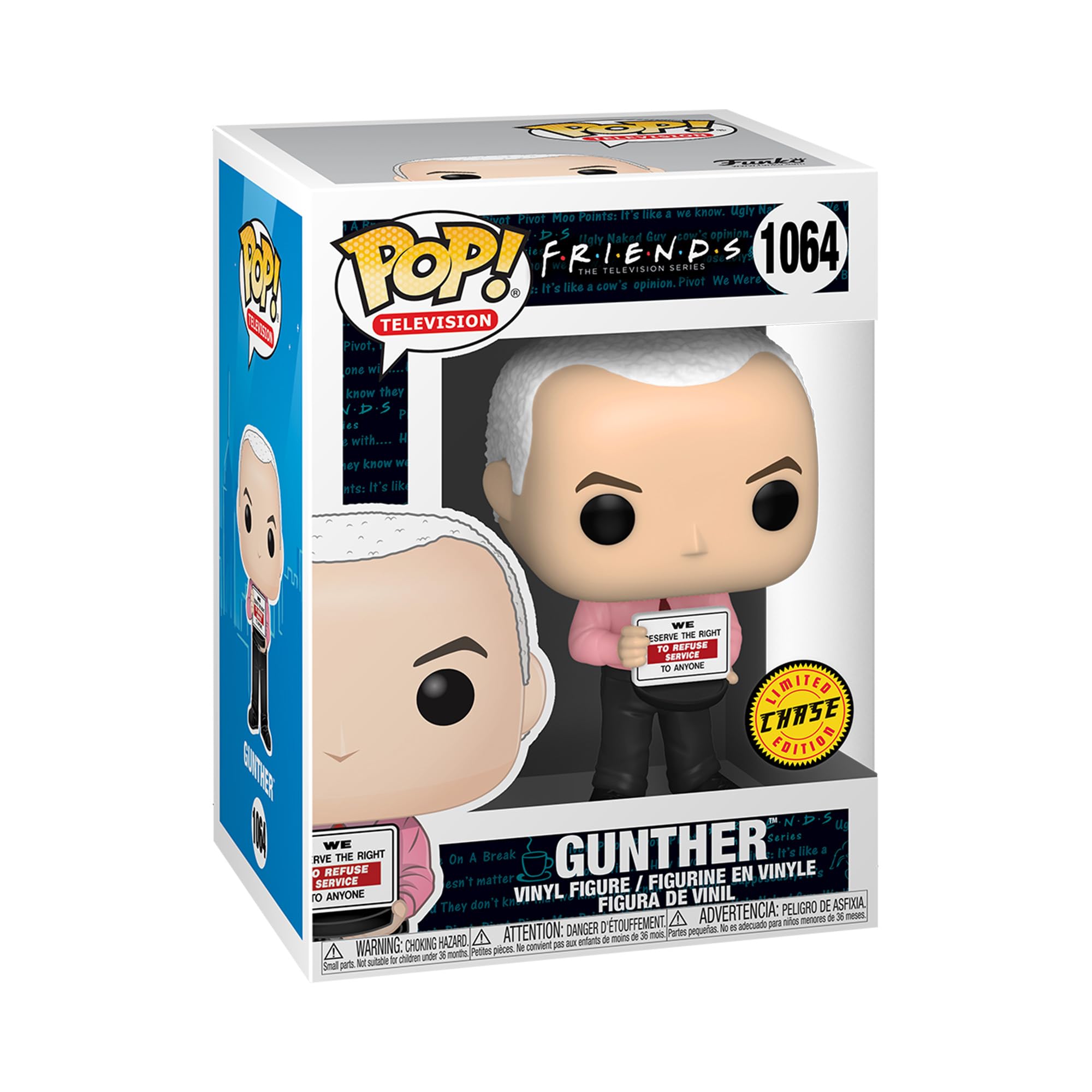 Funko Pop Gunther with Chase from Friends front box display for gifting.