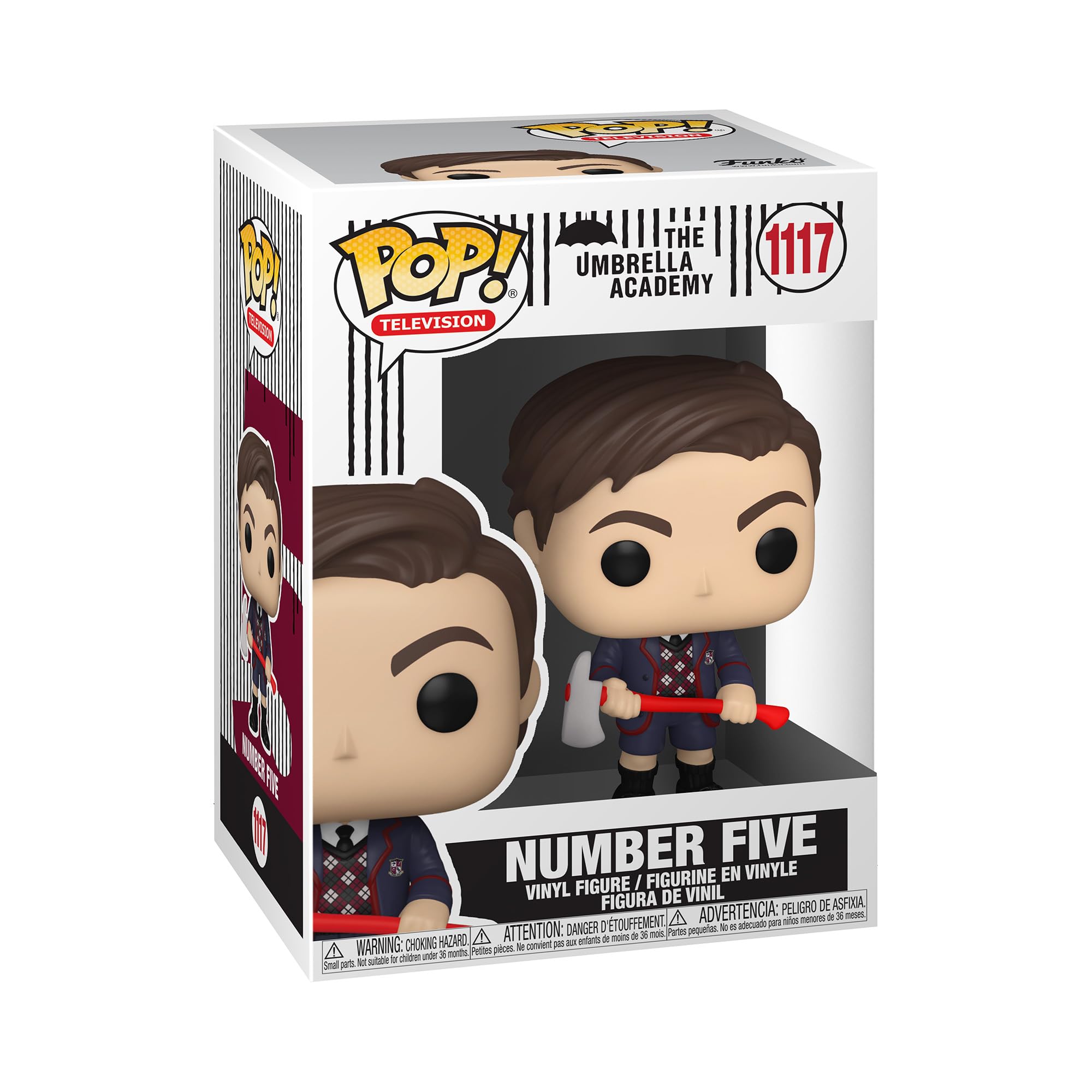 Funko Pop Umbrella Academy Number Five figure, detailed 3.75-inch vinyl ideal for desk display.