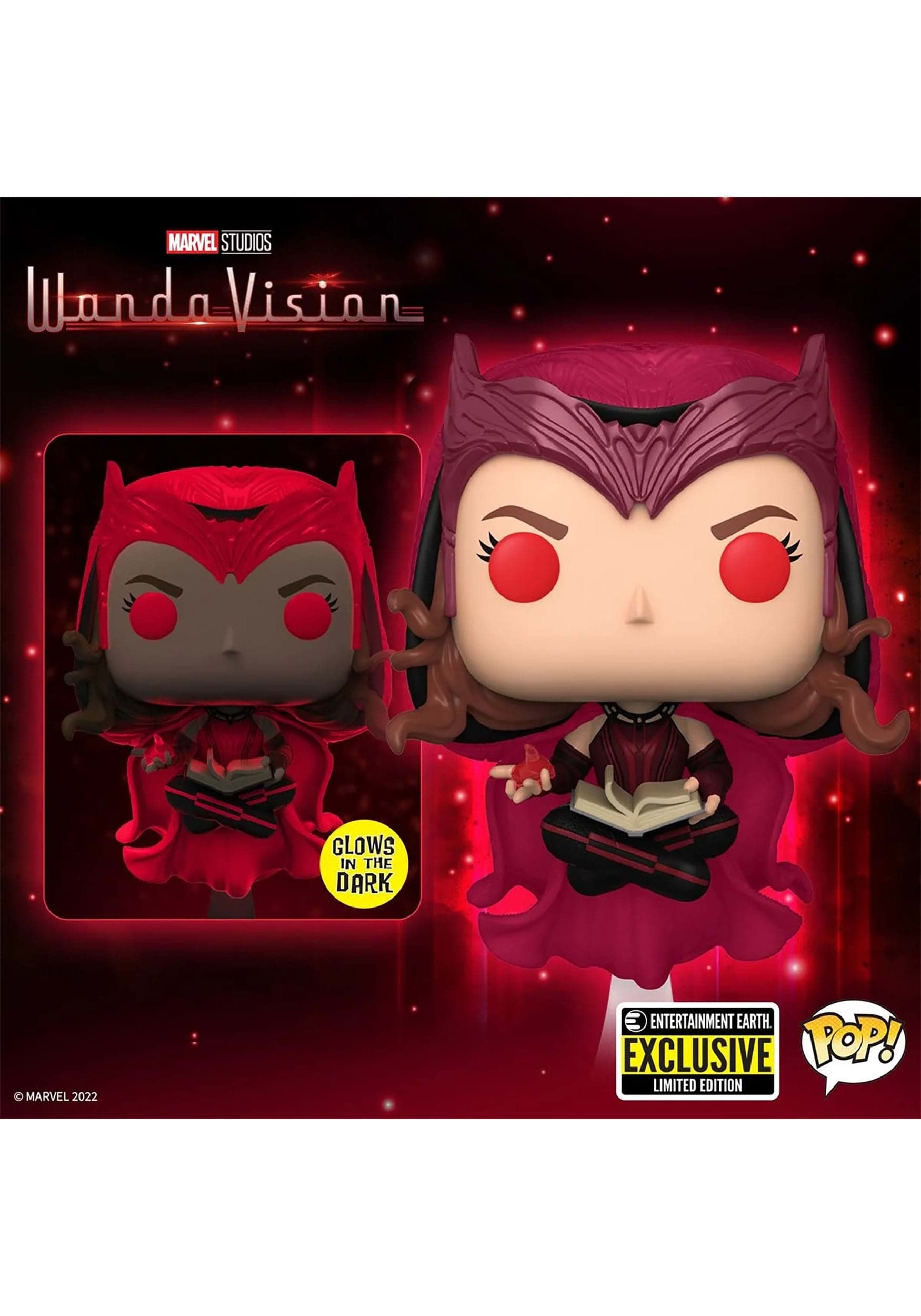 Funko WandaVision Scarlet Witch glow-in-the-dark Pop! Vinyl, angled view enhances shelf appeal.