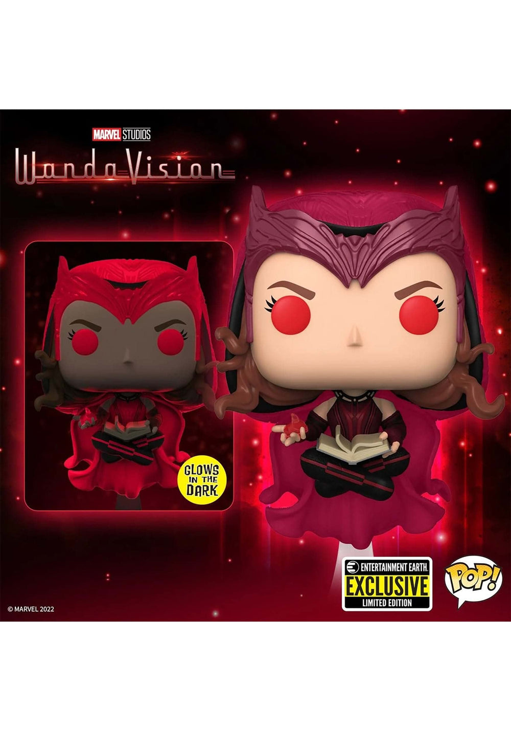 Funko WandaVision Scarlet Witch glow-in-the-dark Pop! Vinyl, angled view enhances shelf appeal.