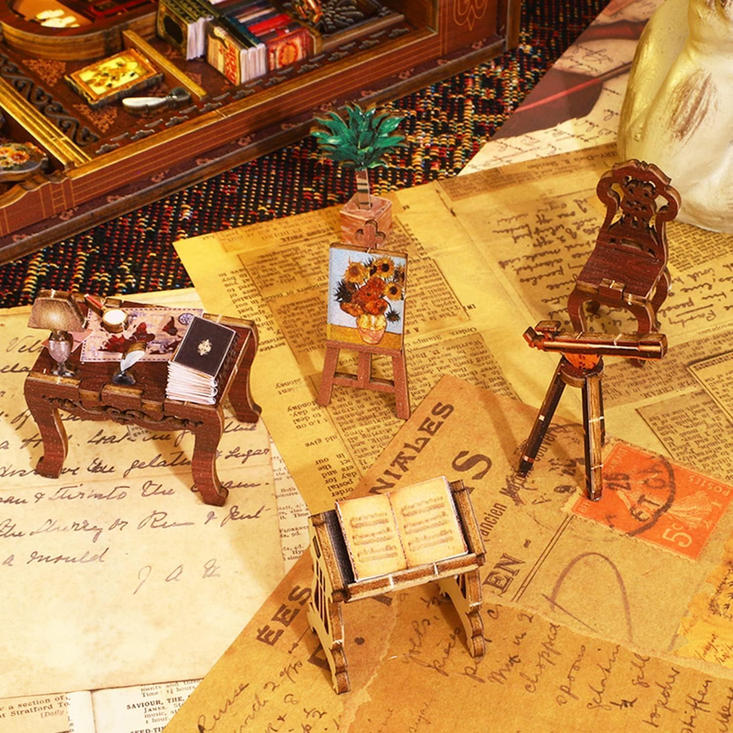 Vintage crystal chandeliers illuminate the Funle Book Nook Kit interior.