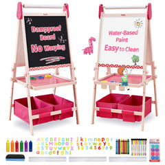 FUNLIO anti-warping kids easel front view in pink shows kid-friendly design for creative play.