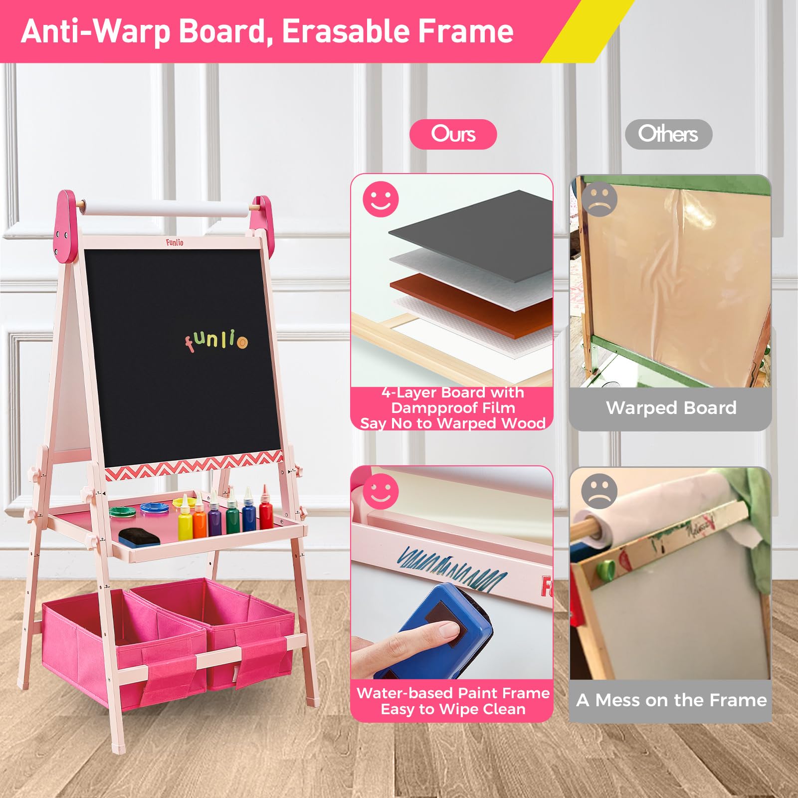 FUNLIO easel height adjustment demonstrates three levels for growing artists.