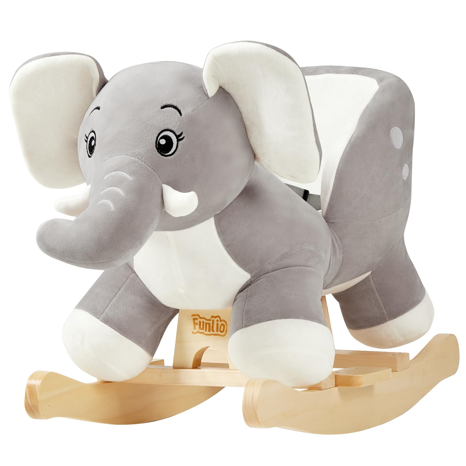 Funlio elephant baby rocking horse in grey with close-up eyes, ideal for imaginative play.