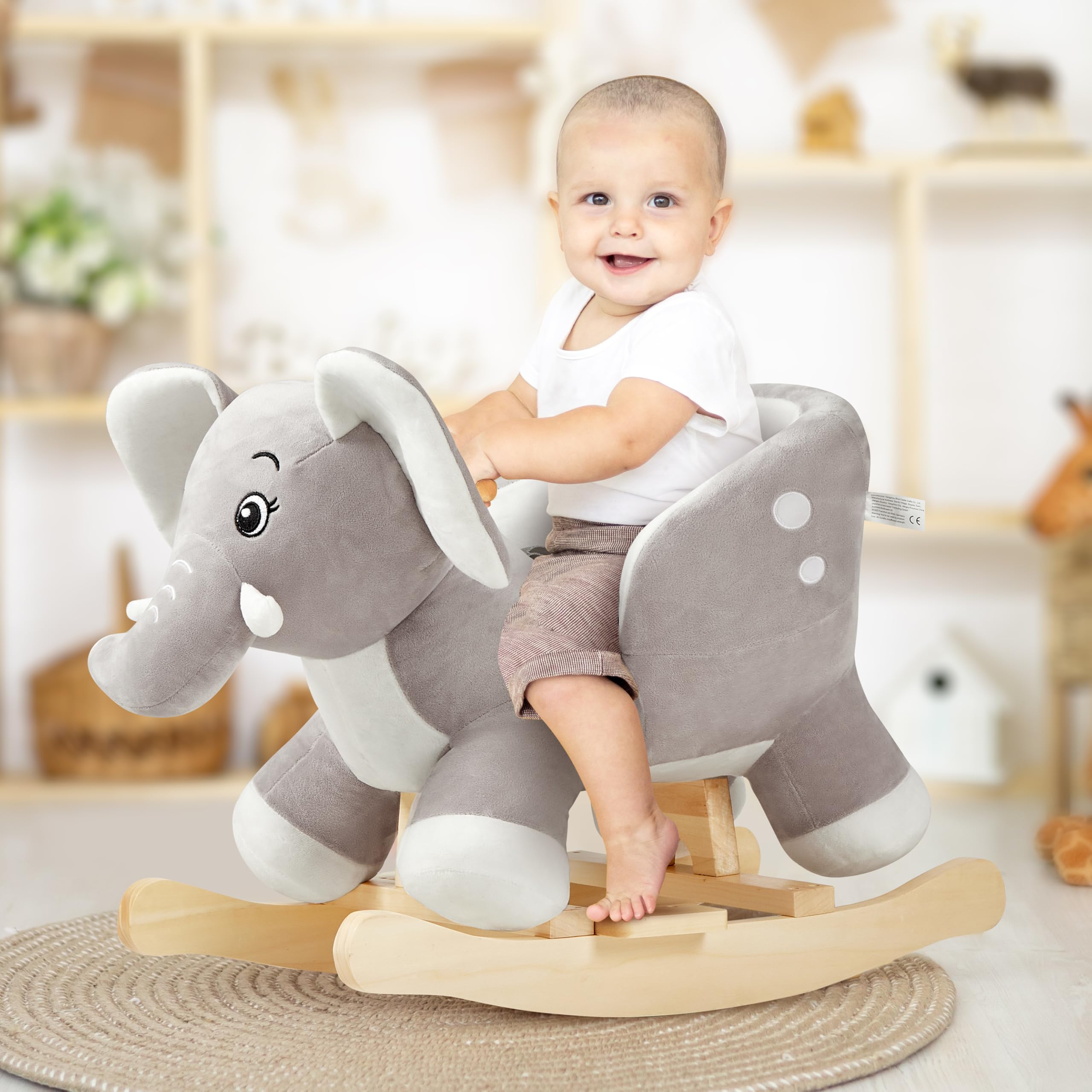 Funlio elephant rocking horse grey with floppy ears, perfect for cuddly adventures.
