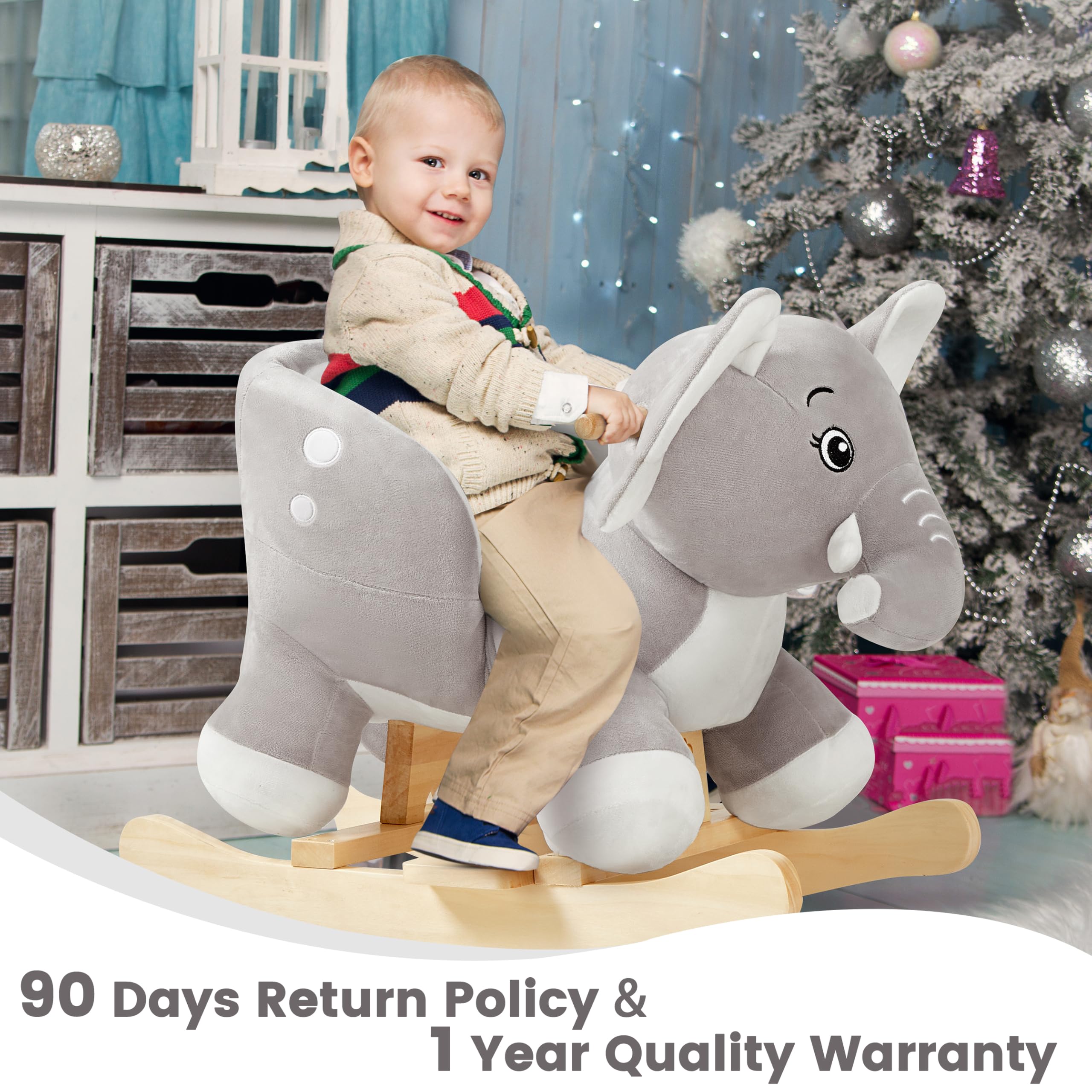 Gift-ready elephant rocking horse for toddlers aged 6 months to 3 years.