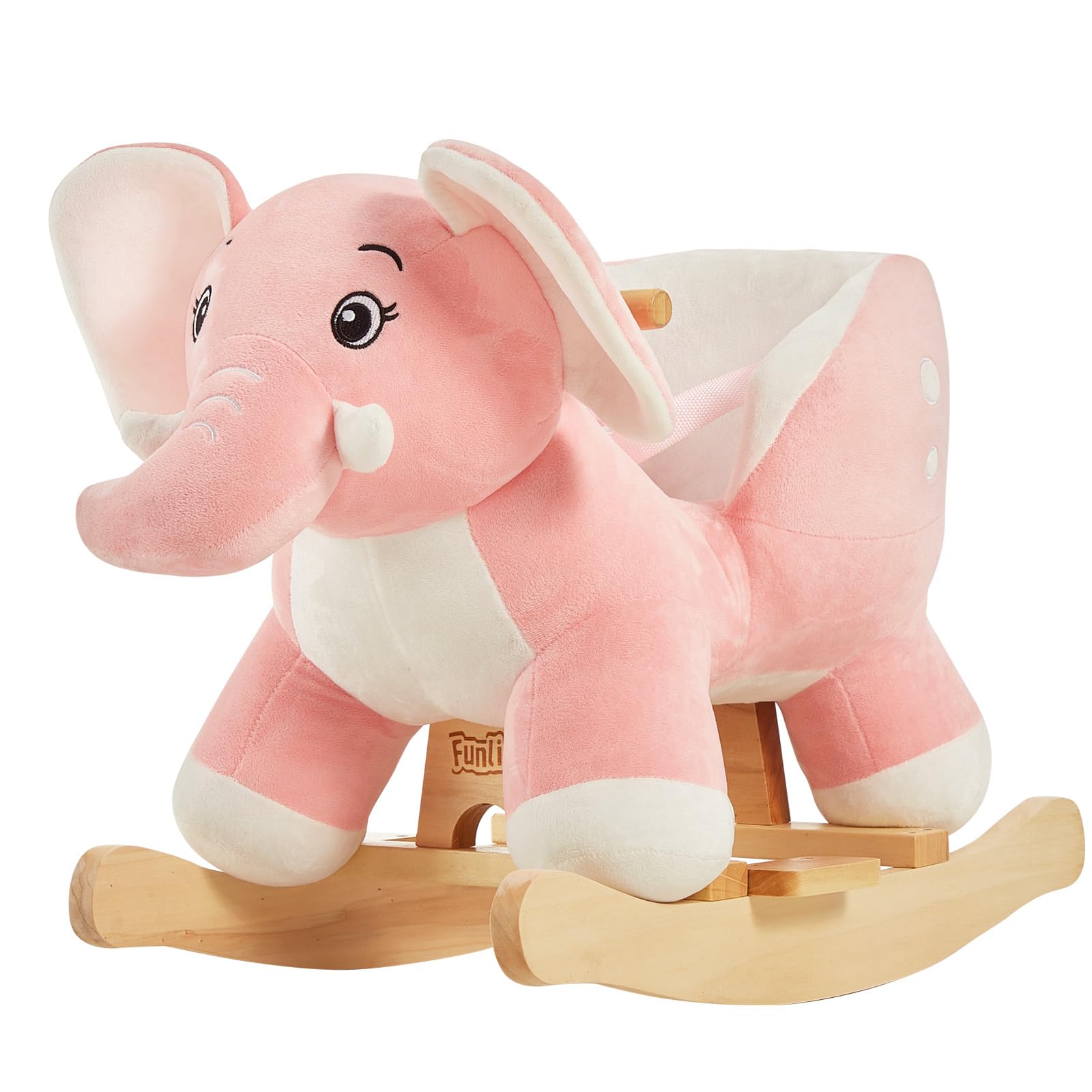 FUNLIO Elephant Rocking Horse with plush pink exterior ready for cuddling and imaginative play.