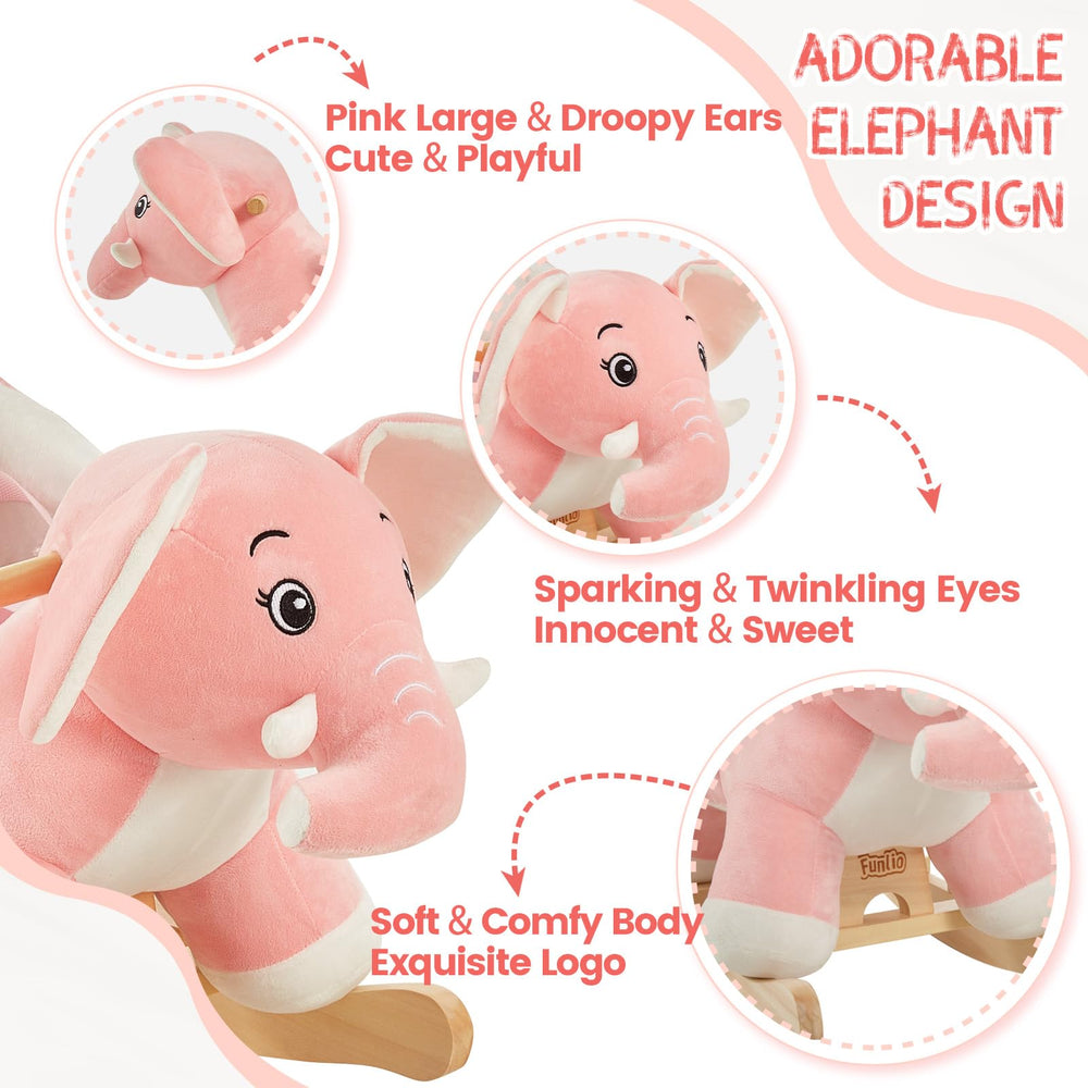 FUNLIO Elephant Rocking Horse safety buckle and stable stance for secure rides.