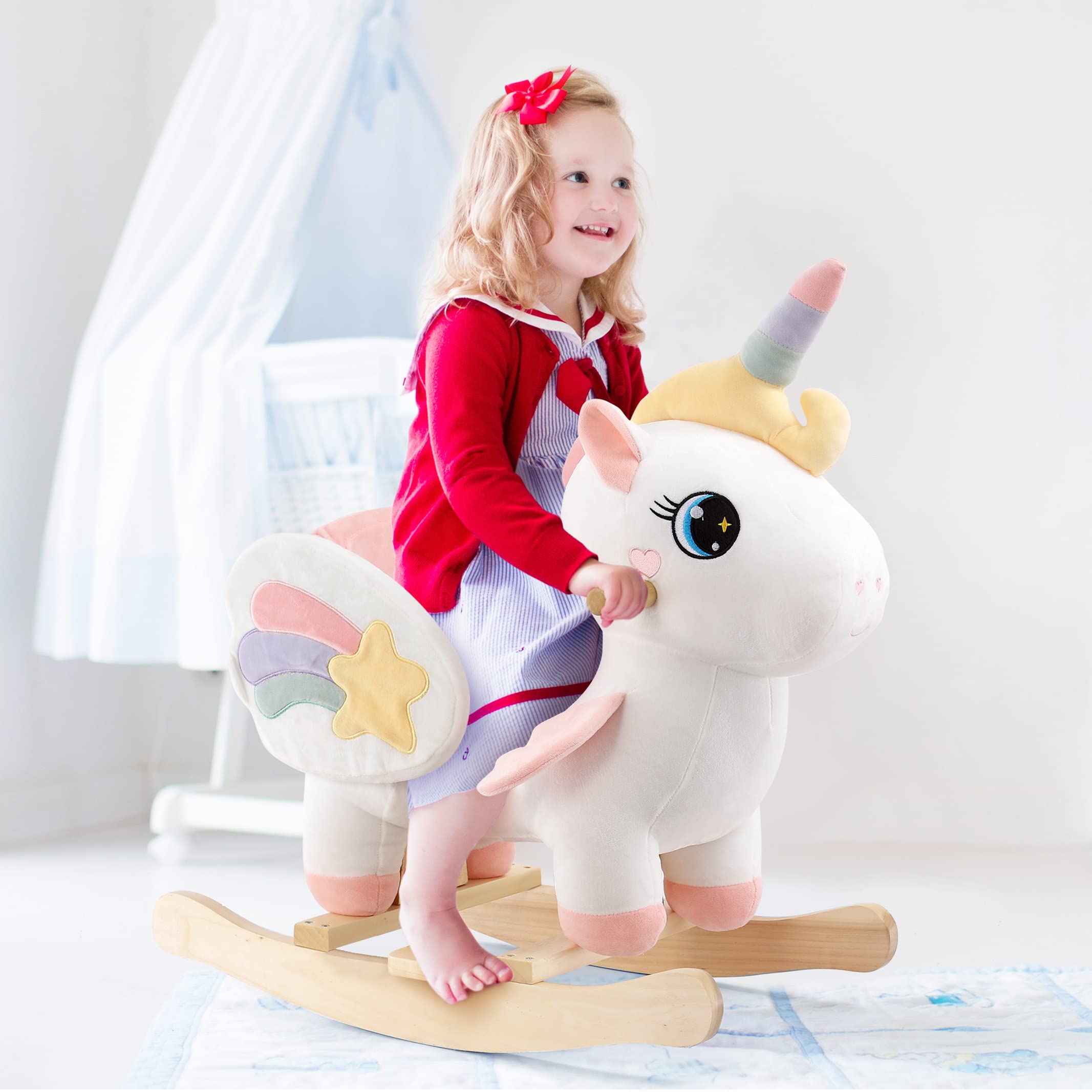 Soft plush PP cotton on the unicorn provides a cozy, cuddly ride for babies