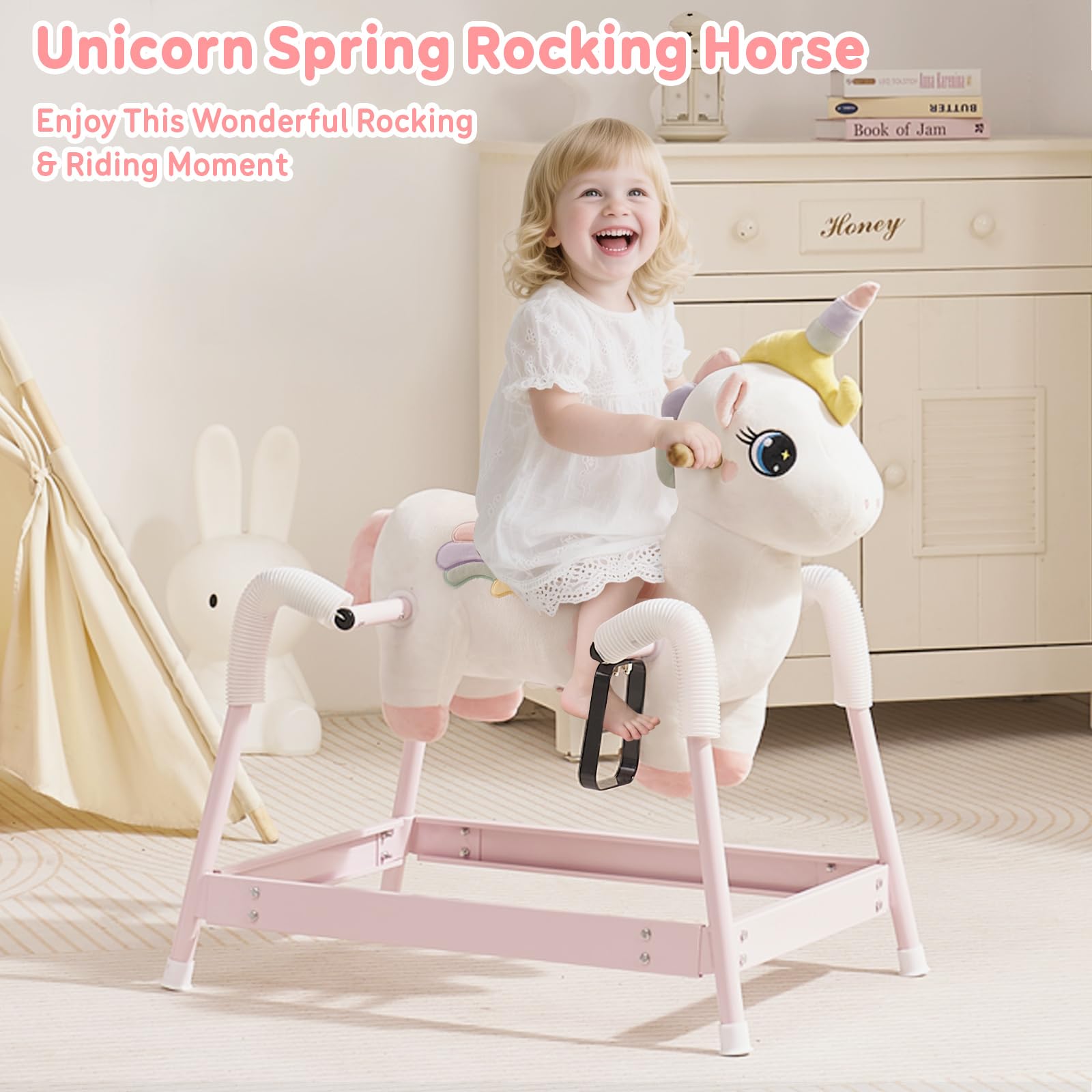 FUNLIO unicorn spring horse with twinkling eyes inspires wonder and storytelling