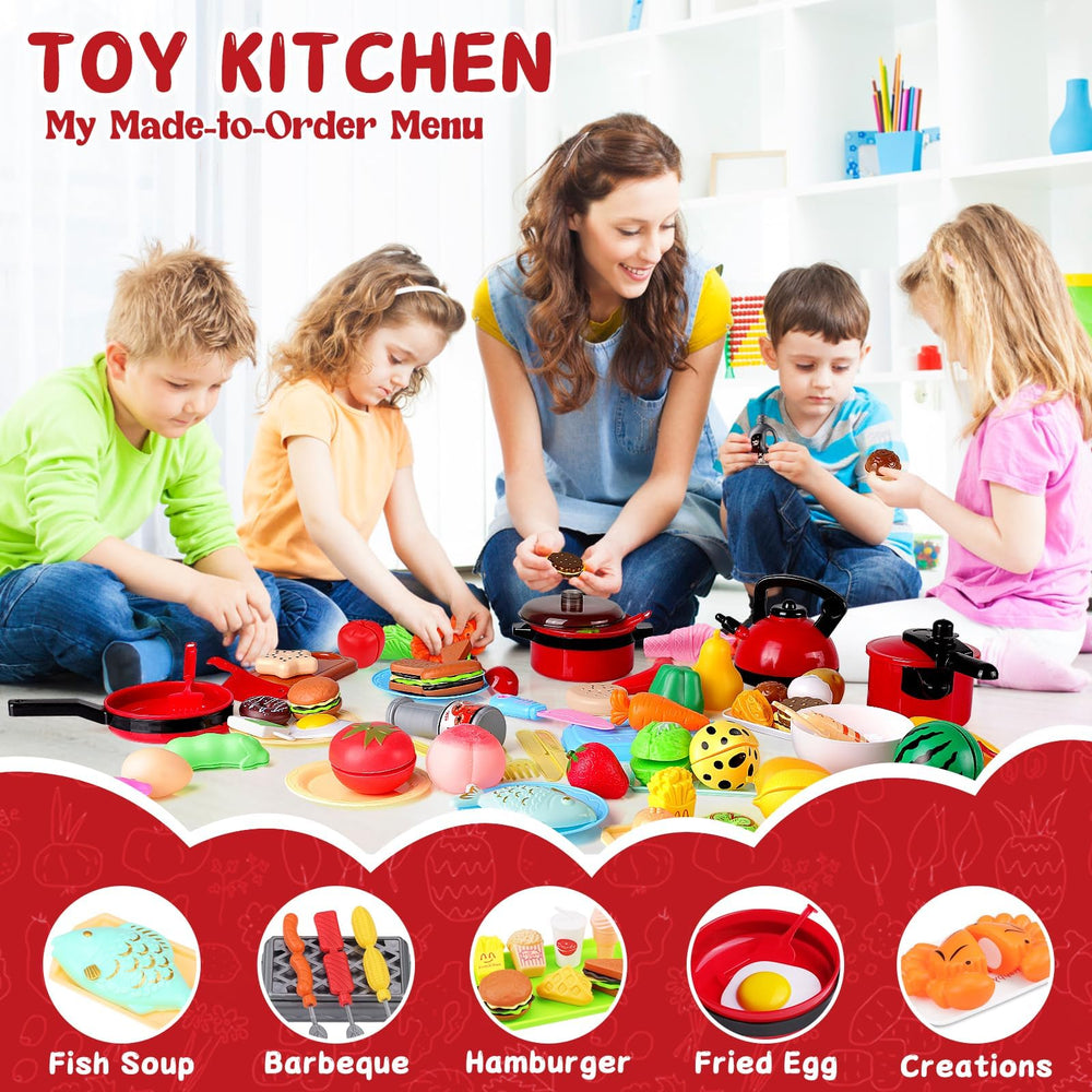 FunMission 134pcs toy kitchen cuttable fruits and vegetables encourage hands-on cutting play
