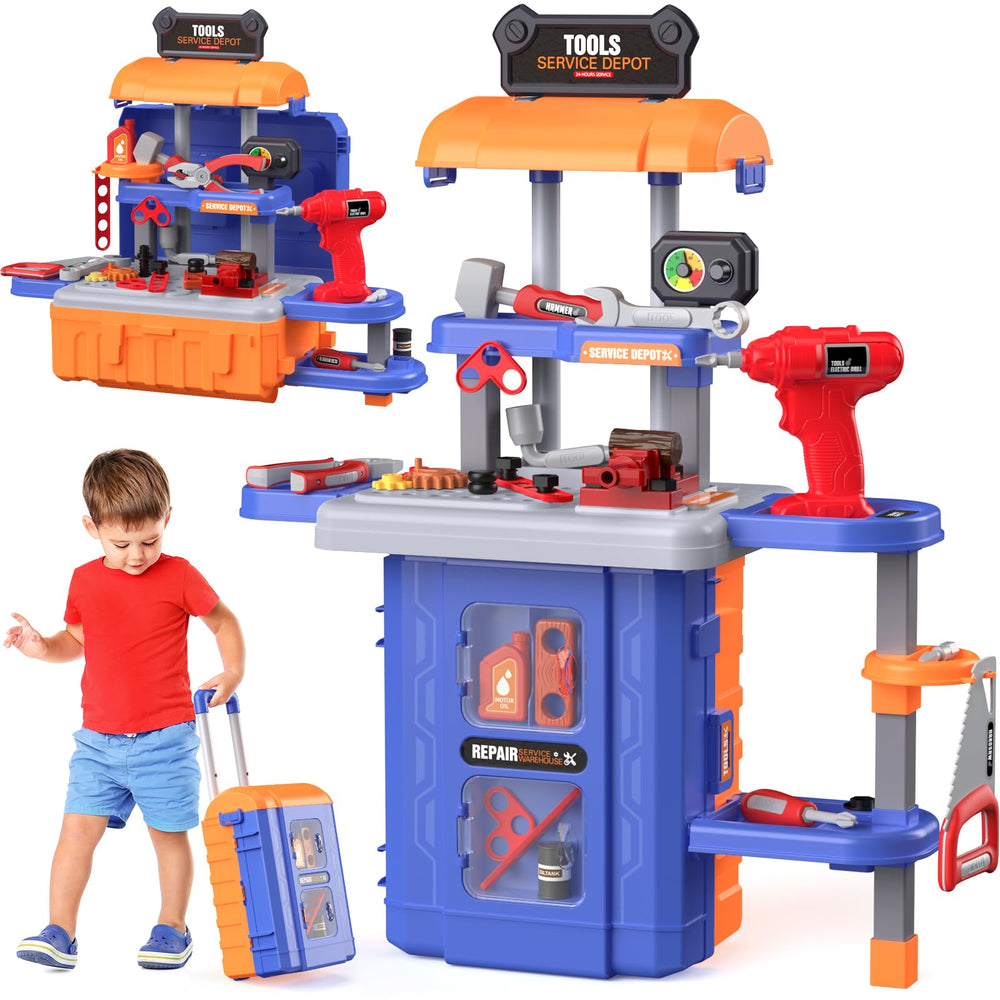 FunMission Kids Tool Bench with pull-along box for imaginative play and fine motor skills.