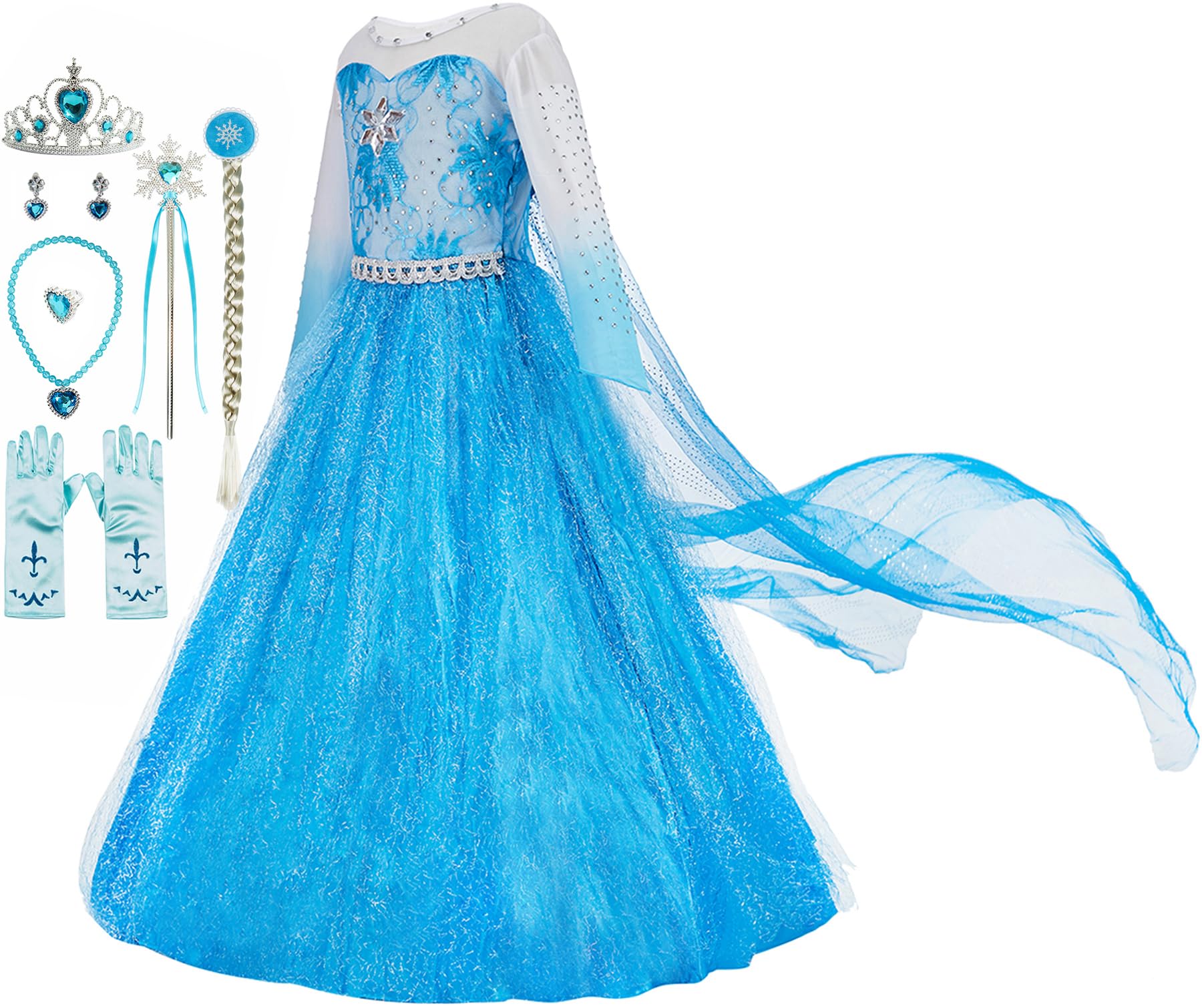 Funna Elsa costume front view blue dress for imaginative dress-up play
