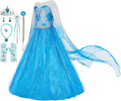 Funna Elsa costume front view blue dress for imaginative dress-up play