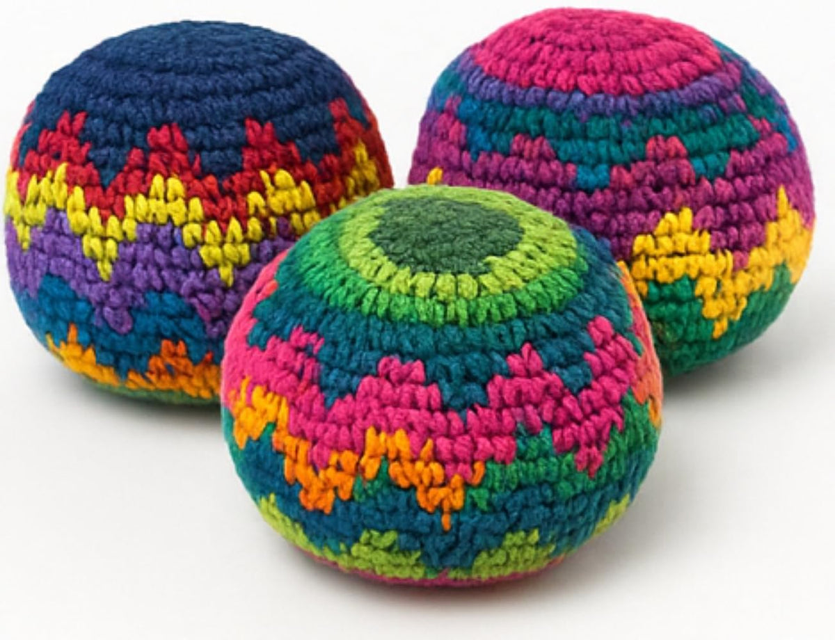 Funny Guy Mugs hacky ball three-pack in colorful crochet for active play indoors or outdoors.