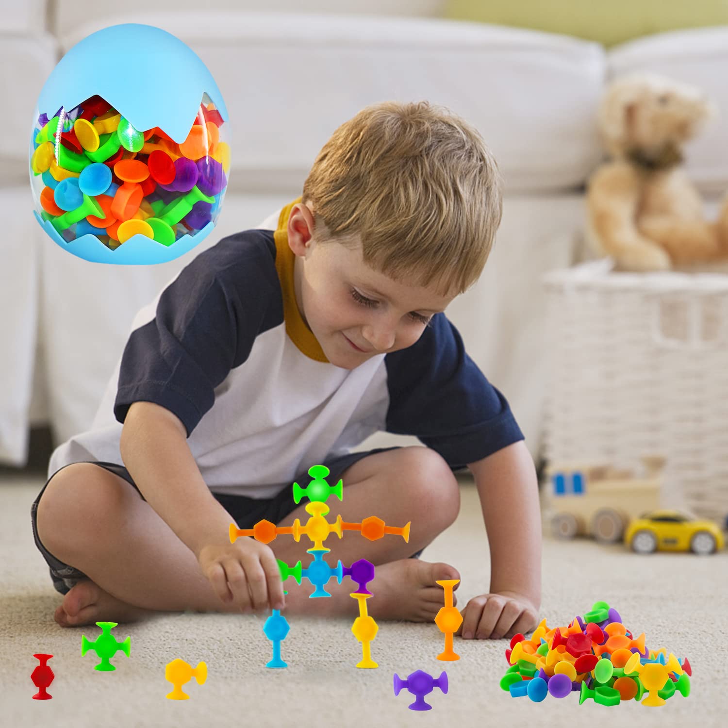Funny Old Man kids can build bright shapes and structures with these suction toys.