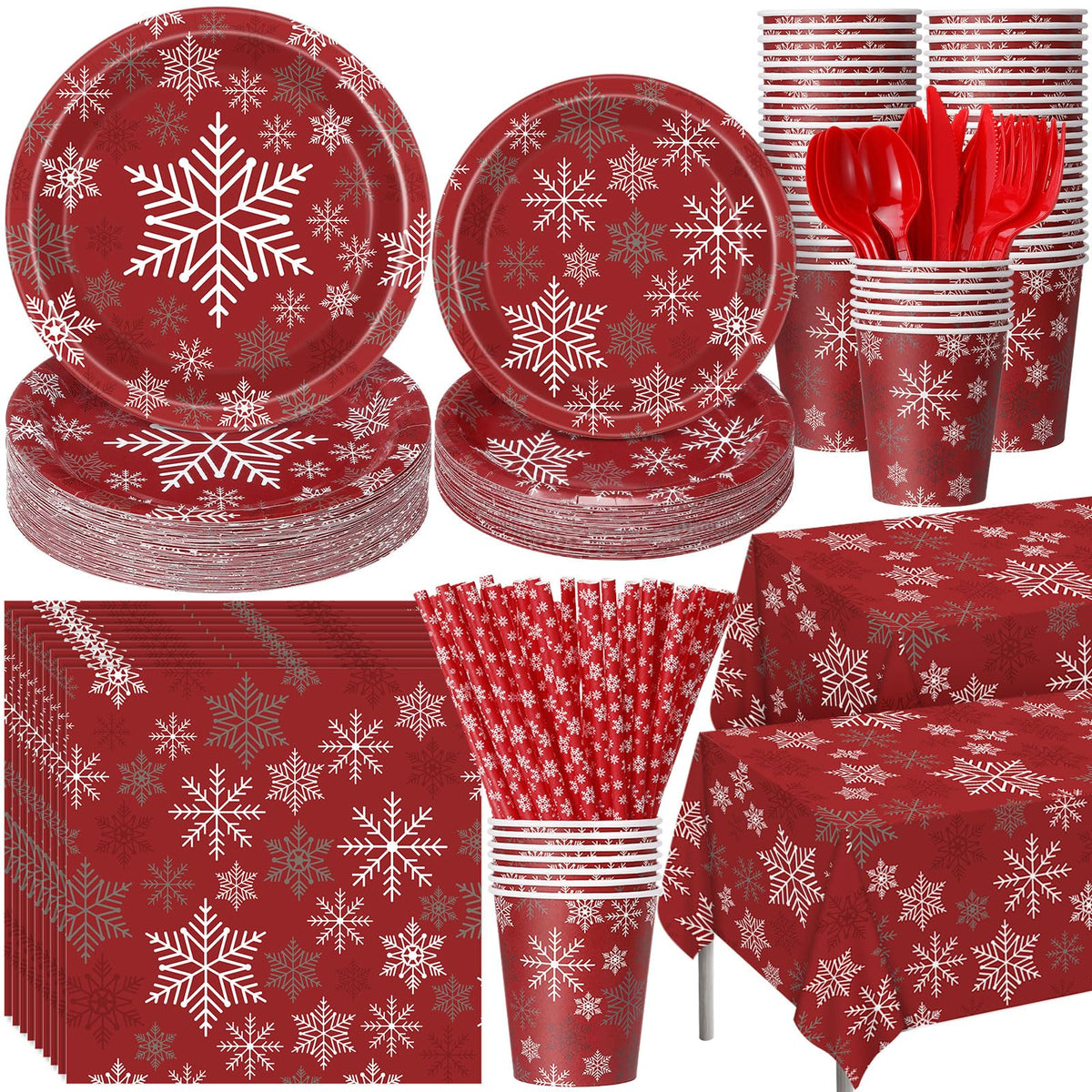 Funnymoom snowflake red plates bring festive charm to Christmas dinners.