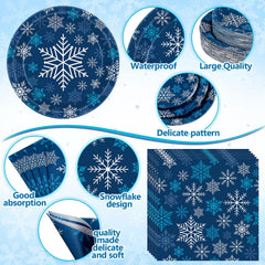 Funnymoom snowflake napkins – blue, silver, white for quick cleanup.