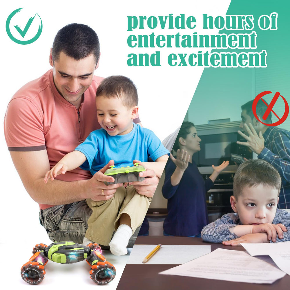 FUNiOi gesture-sensing RC stunt car 4WD off-road capability on gravel, lawn, and carpet.