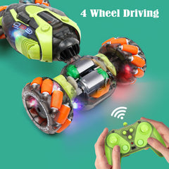 FUNiOi gesture-sensing RC stunt car top view demonstrates 360° control.