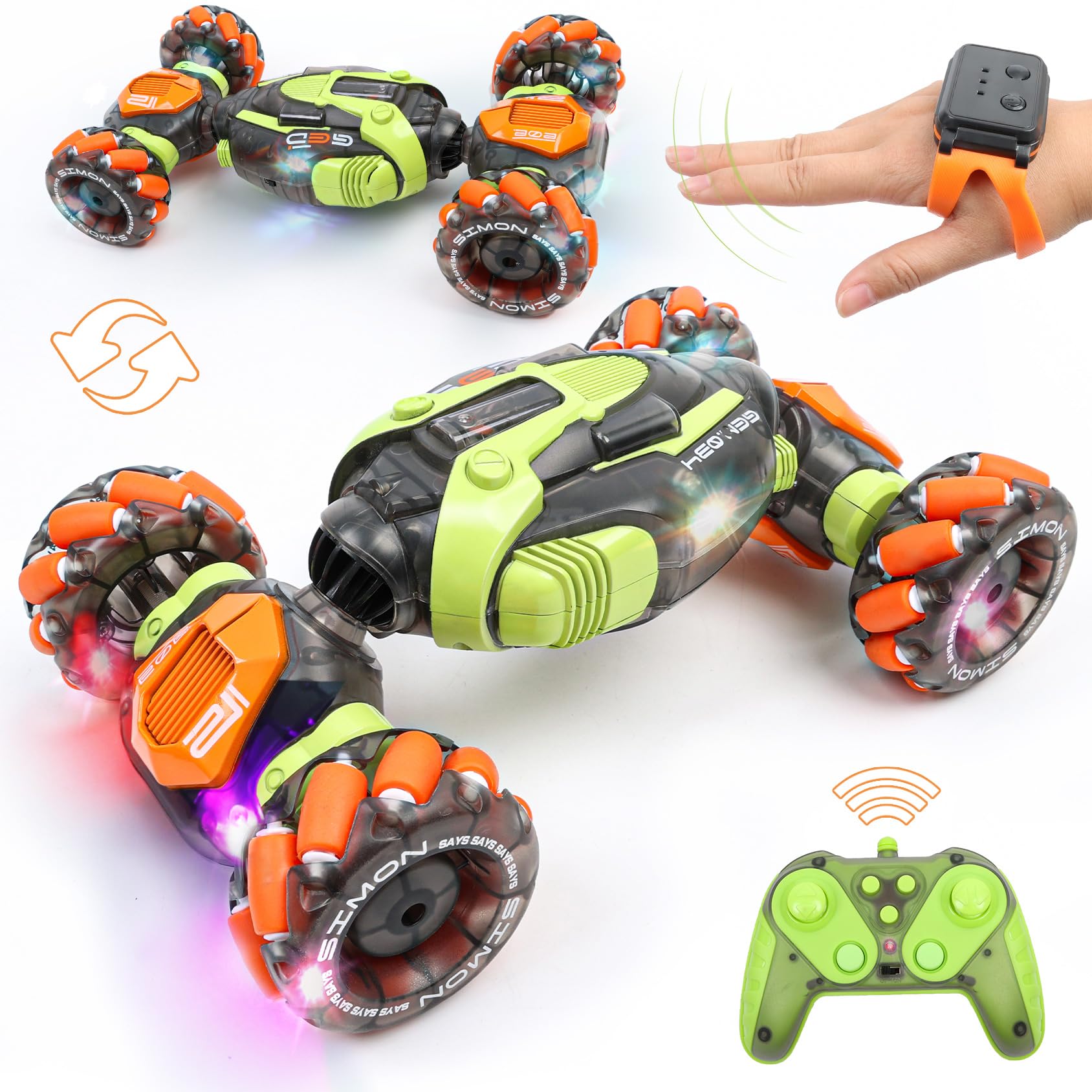 FUNiOi gesture-sensing RC stunt car side view, precise hand-control for indoor play.