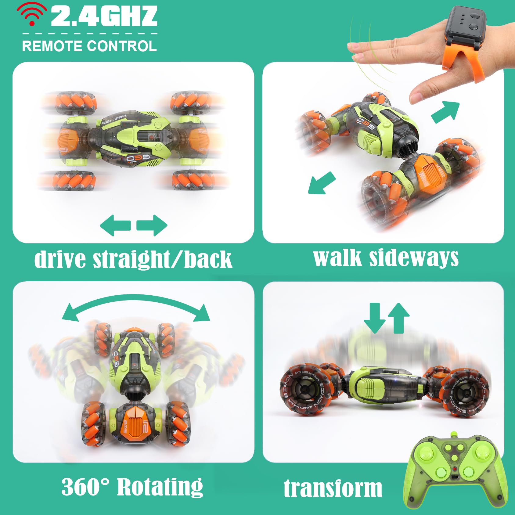 FUNiOi gesture-sensing RC stunt car includes two rechargeable batteries for extended play.