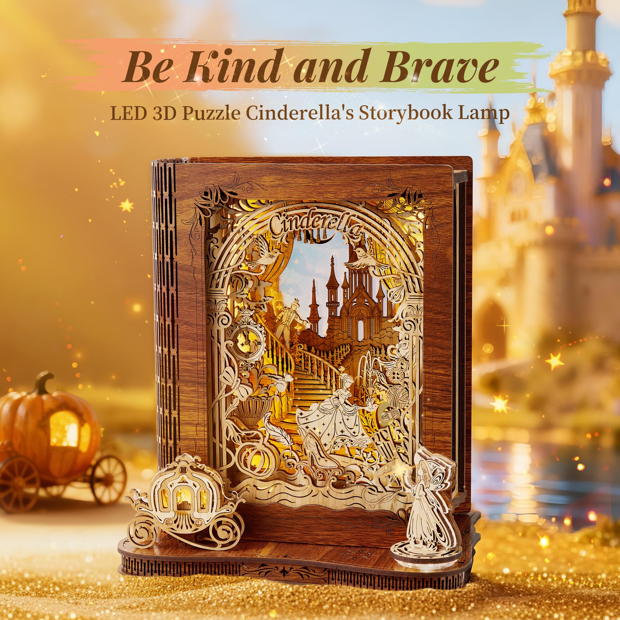FUNPOLA 3D puzzle nightlight pumpkin carriage detail enhances playroom ambiance.