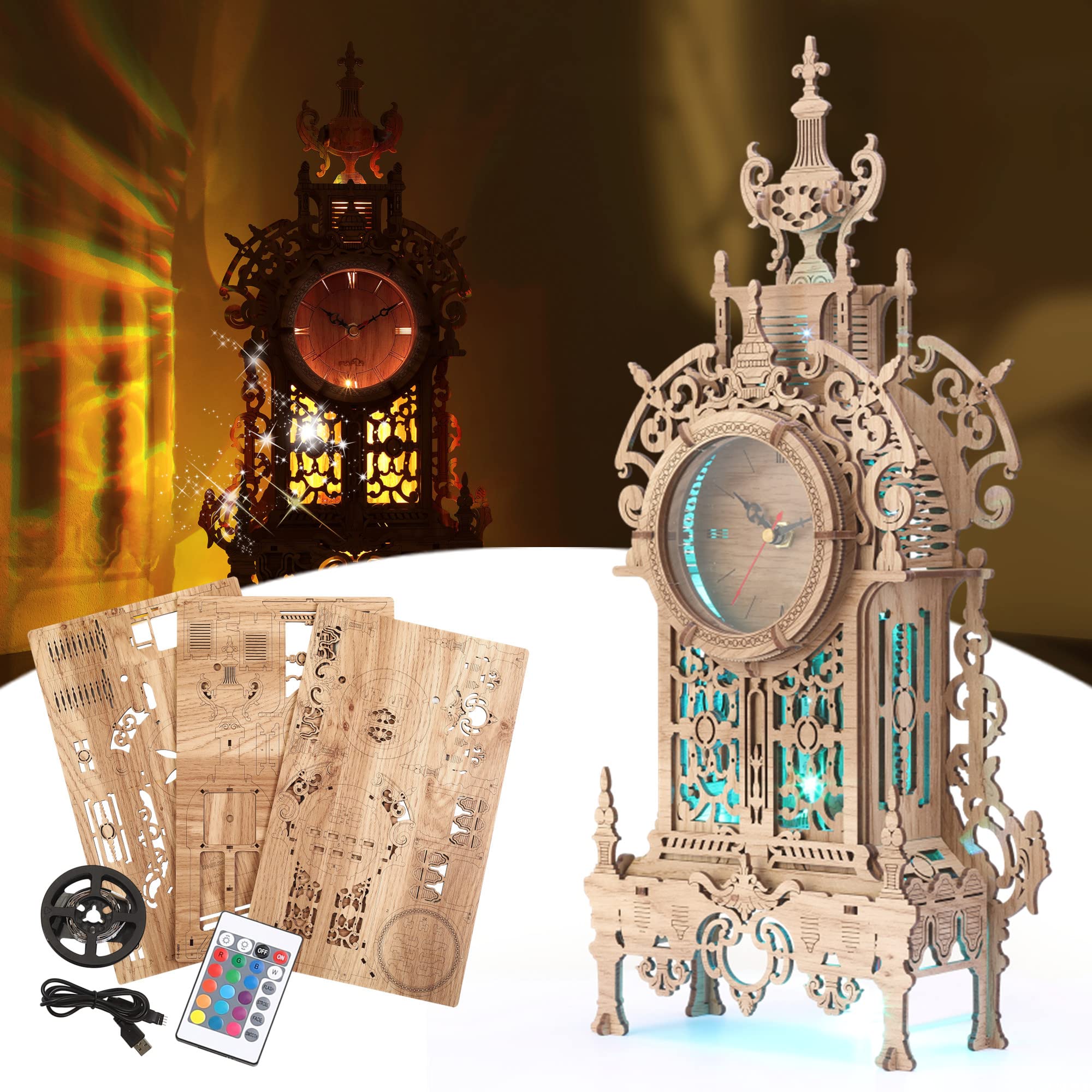 FUNPOLA 3D Wood Puzzle Clock front view shows precise laser-cut pieces for engaging assembly.