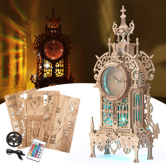 FUNPOLA 3D Wood Puzzle Clock front view shows precise laser-cut pieces for engaging assembly.