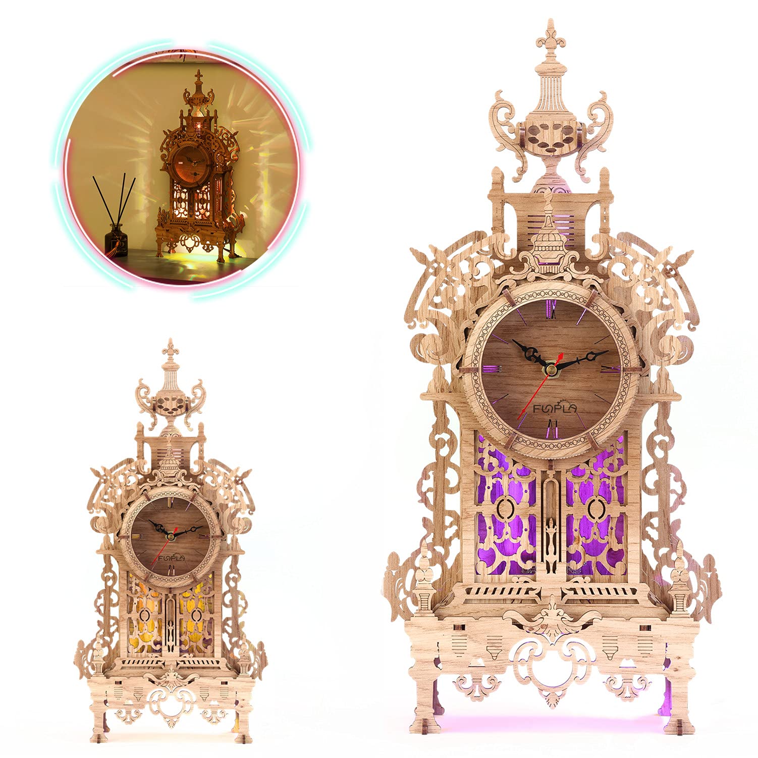 FUNPOLA 3D Wood Puzzle Clock tower assembly side view highlights the building process.