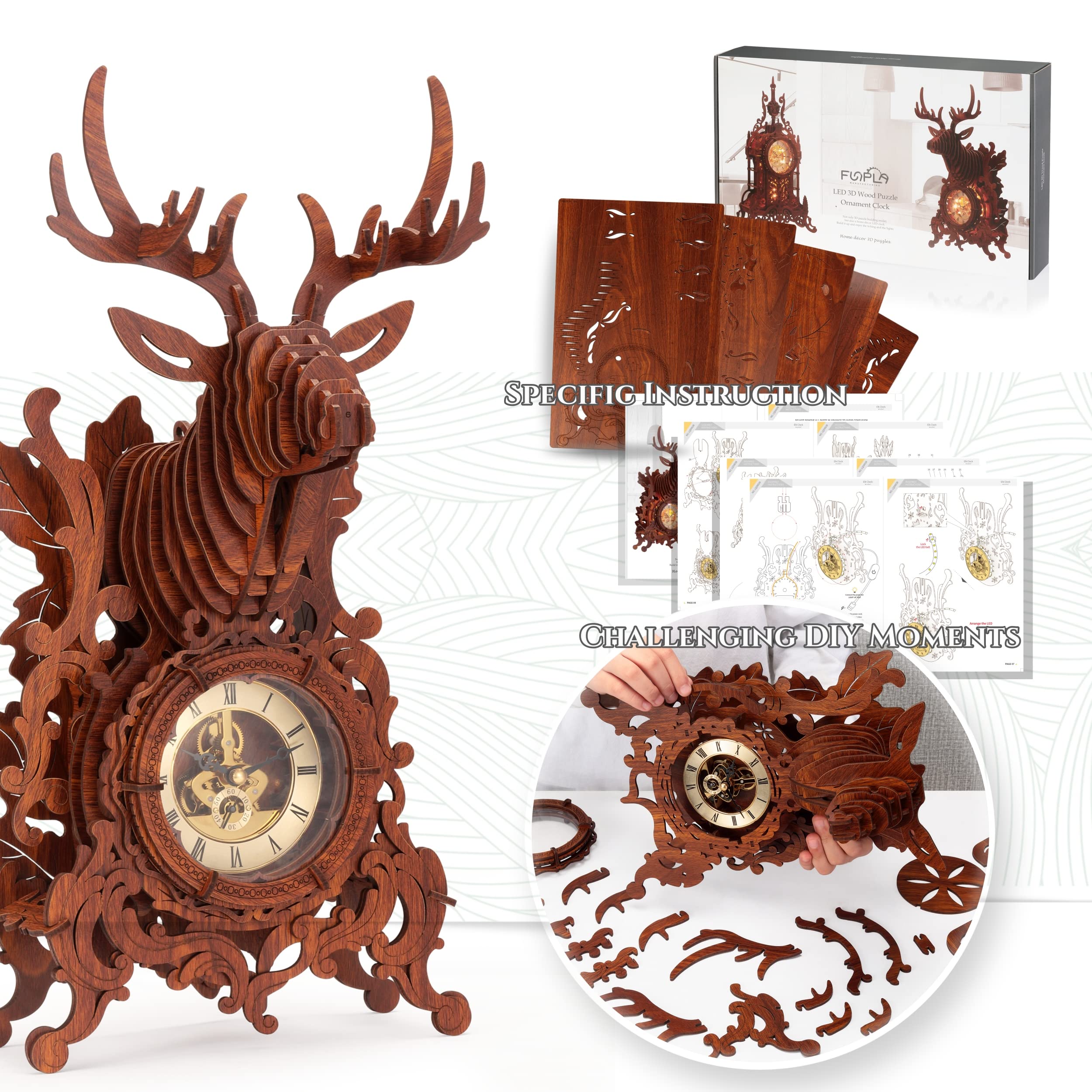 FUNPOLA 66 LEDs elk clock puzzle illuminates your workspace.