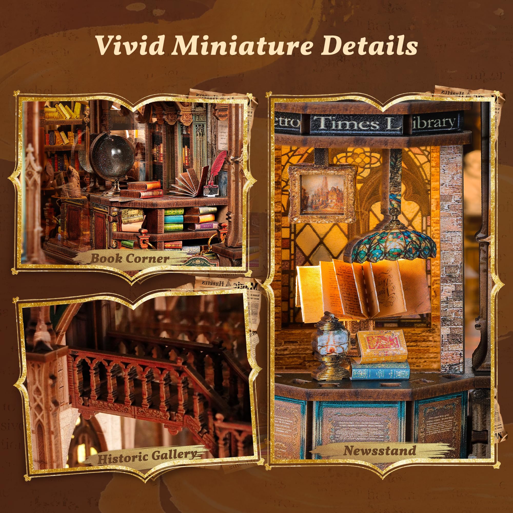 FUNPOLA Crystal globe detail adds elegance and whimsy to miniature library.