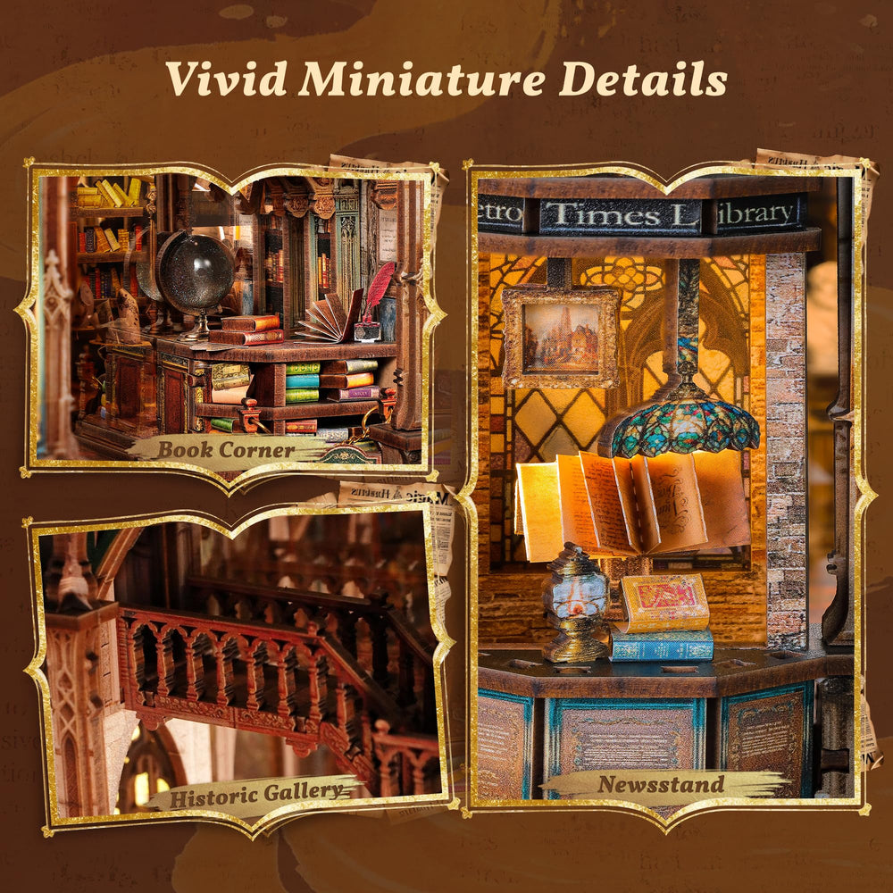 FUNPOLA Crystal globe detail adds elegance and whimsy to miniature library.