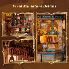 FUNPOLA Crystal globe detail adds elegance and whimsy to miniature library.