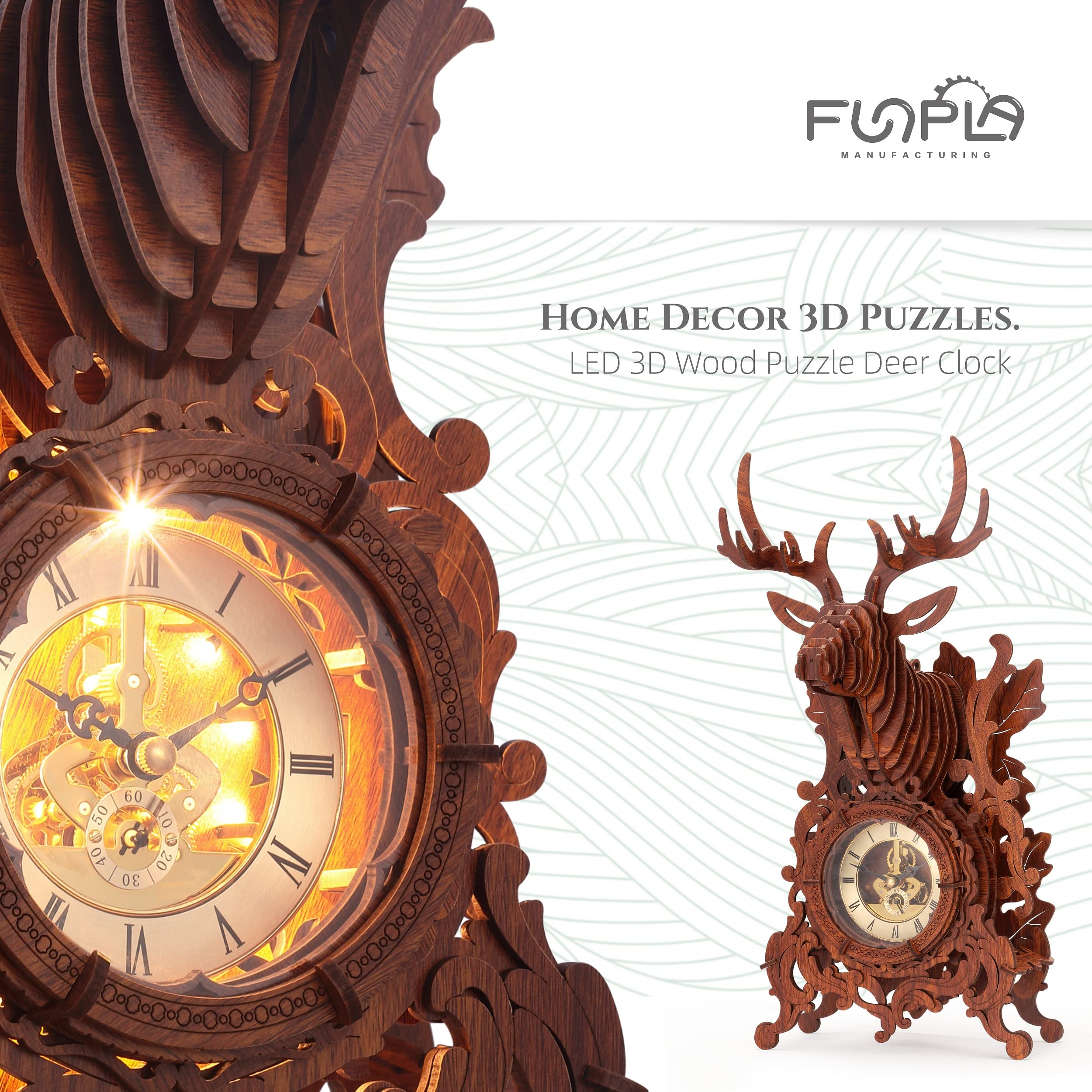 FUNPOLA elk 3D wooden puzzle clock creates a warm lighting focal point.