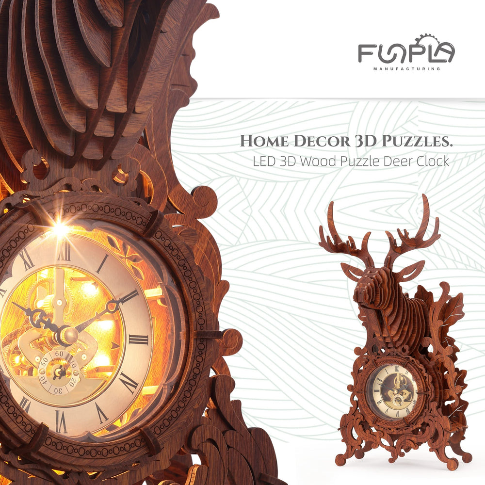 FUNPOLA elk 3D wooden puzzle clock creates a warm lighting focal point.
