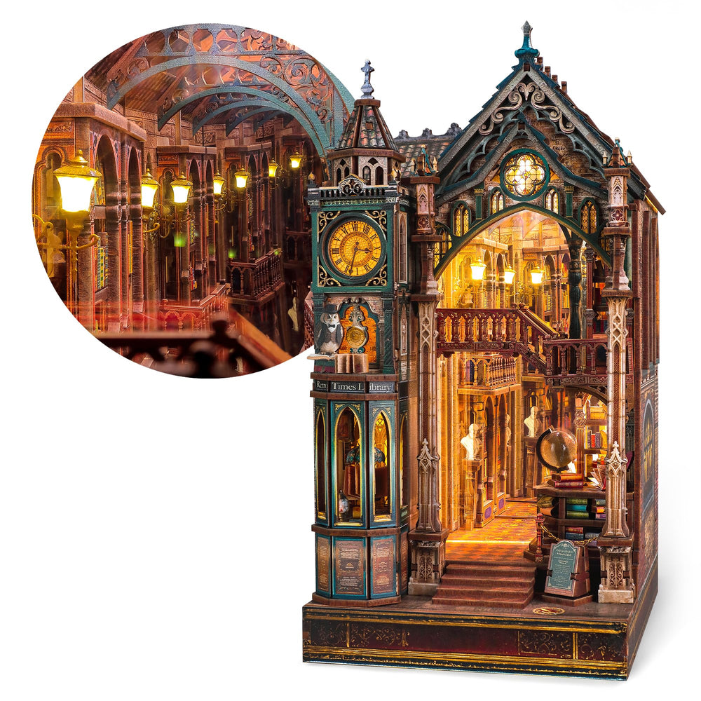 FUNPOLA Magic Library Nook LED 3D puzzle glows warmly, creating a cozy shelf ambience.