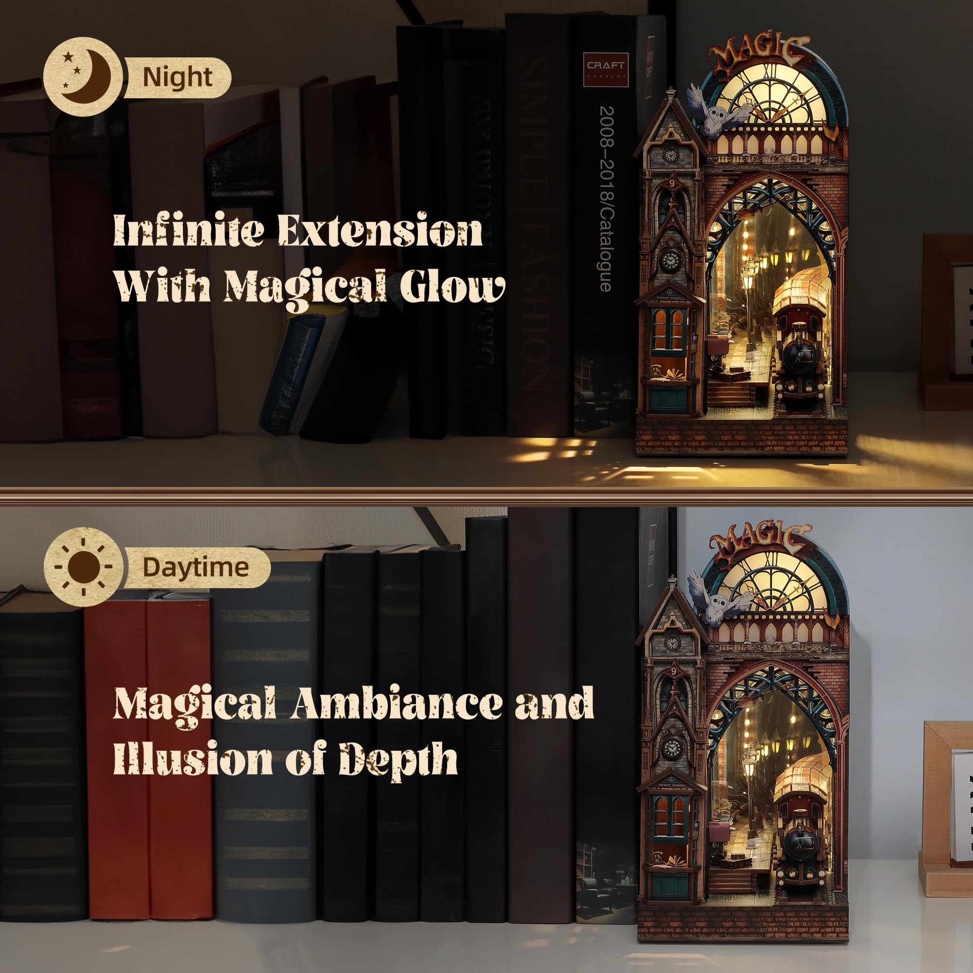 FUNPOLA Magic Station train-platform scene enhances bookshelf decor