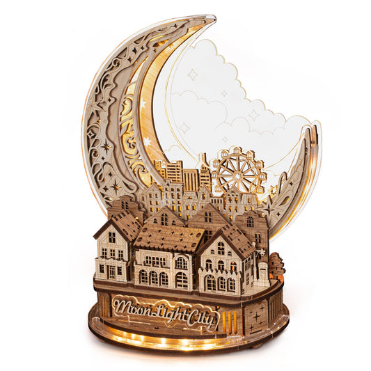 FUNPOLA Moon City LED puzzle front-lit display enhances cozy bedroom ambiance.