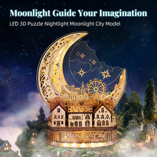 FUNPOLA Moon City wood puzzle for mindful, glue-free assembly after work.
