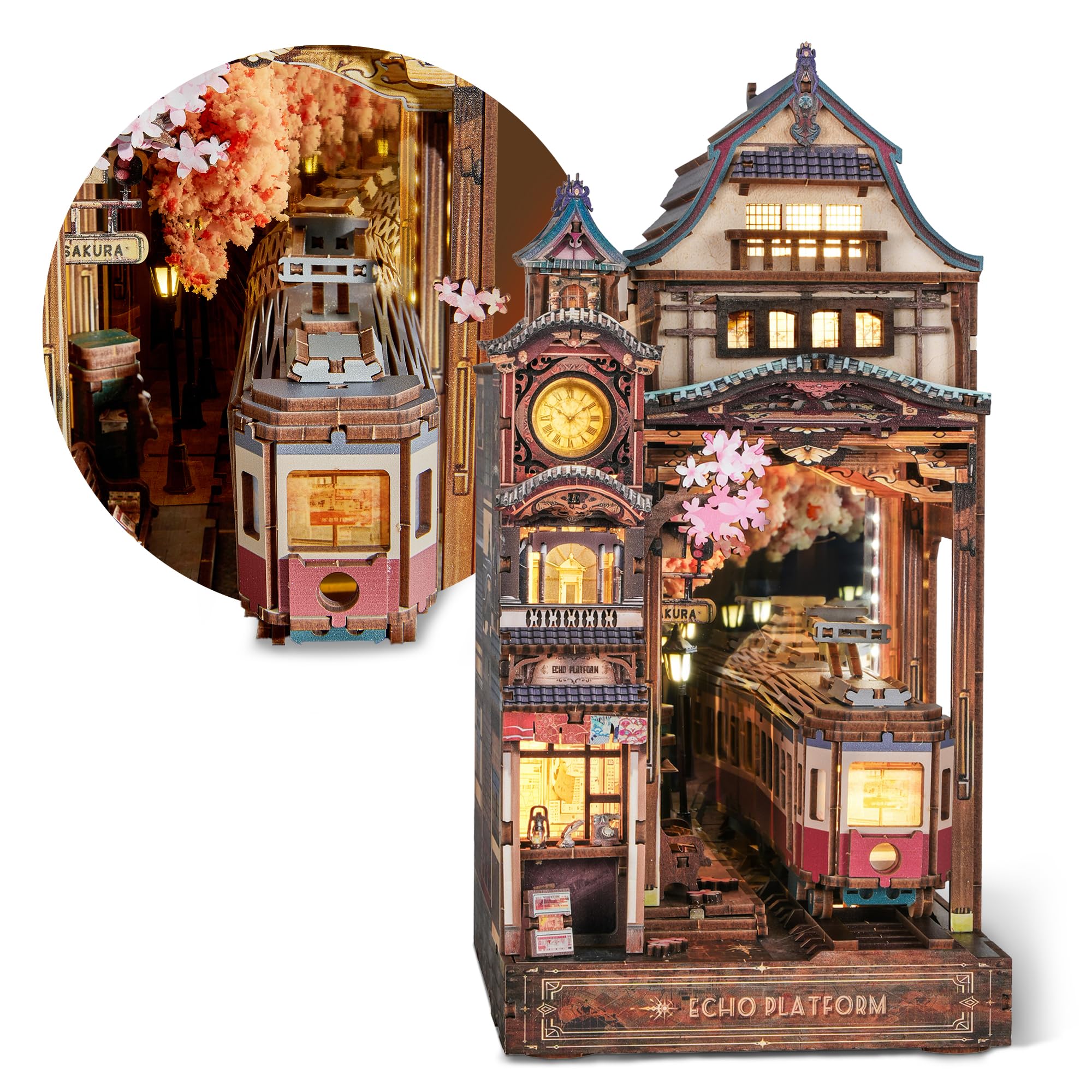 FUNPOLA Sakura Train Book Nook Kit wide view with blossoms on a shelf