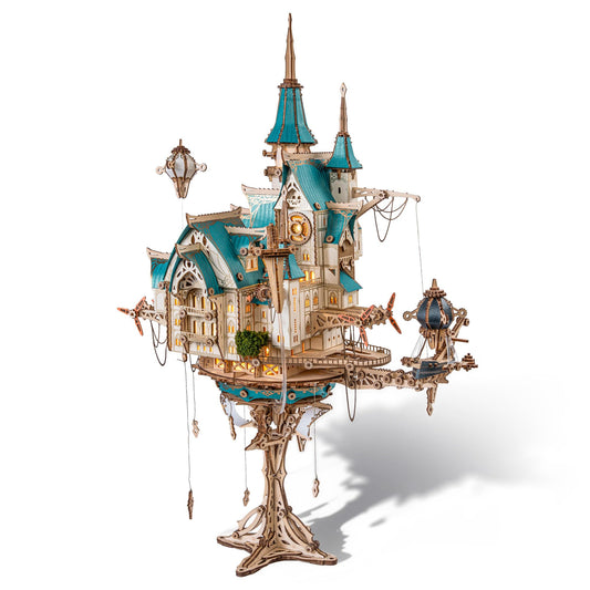 FUNPOLA 3D Steam Castle front view with warm glow on display.