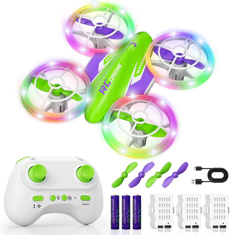 FUNPX LED drone front view with green and purple lights for engaging night flights.