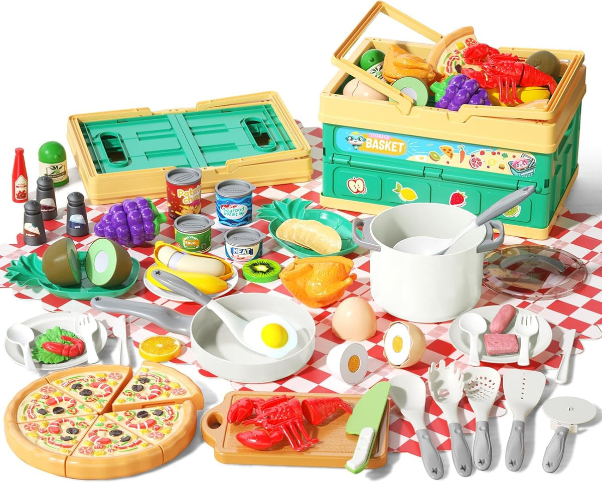 Funpynani 80-piece kitchen playset for organized pretend cooking.