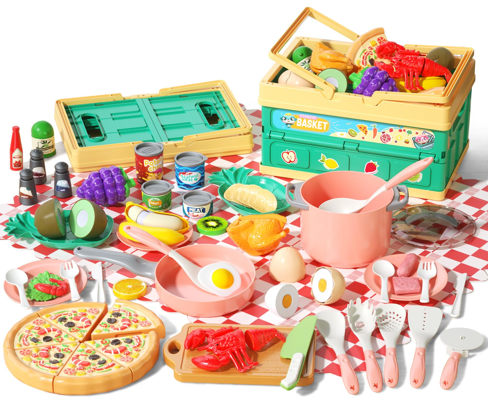 Funpynani pink kitchen set with storage basket for organized, imaginative play.