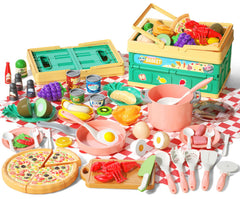 Funpynani pink kitchen set with storage basket for organized, imaginative play.